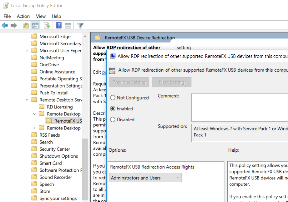 RemoteFX USB Device Redirection Client Policy